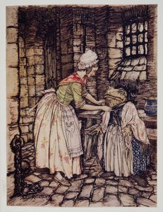Sie arrangierte das Tuch mit einem professionellen Faltenwurf und band die Bänder der rostigen Haube unter seinem Kinn, aus Wind in den Weiden von Kenneth Grahame (1859 - 1932), veröffentlicht 1940 von Arthur Rackham