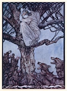 Sie schaute mit wütendem Kummer auf die angespannte und knurrende Horde unten. aus The Wooing of Becfola in Irish Fairy Tales von Arthur Rackham