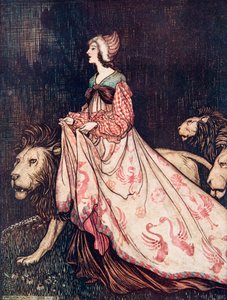 Sie ging begleitet von den Löwen weg, aus den Märchen der Brüder Grimm, veröffentlicht 1909