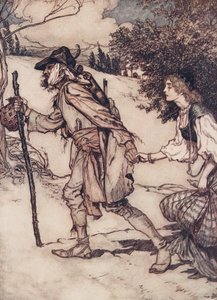 Der Bettler nahm sie bei der Hand und führte sie weg, aus Die Märchen der Brüder Grimm, veröffentlicht 1909 von Arthur Rackham
