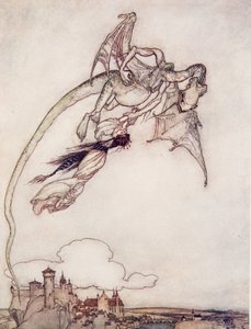 Die einzige Tochter des Königs war von einem Drachen entführt worden, aus den Märchen der Brüder Grimm, veröffentlicht 1909 von Arthur Rackham