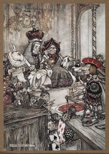 Der Herzbube im Dock vor der Herz-Königin und dem Herz-König, beschuldigt, die Törtchen gestohlen zu haben von Arthur Rackham