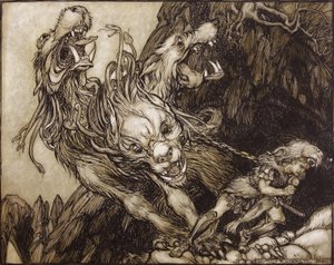 Die zwölfte Arbeit des Herkules, Illustration aus The Greek Heroes von B.G. Niebuhr, 1903 von Arthur Rackham