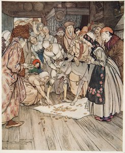 Der Tischlein-deck-dich, der Goldesel und der Knüppel aus dem Sack, aus Brüderchen & Schwesterchen und andere Märchen der Brüder Grimm, veröffentlicht 1917 von Arthur Rackham