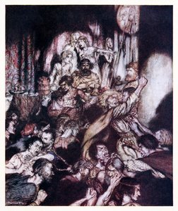 Der Bankettsaal war in Aufruhr. aus The Little Brawl in Irish Fairy Tales von Arthur Rackham