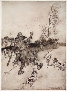 Auch die Hunde, von denen er keinen als alten Bekannten erkannte, bellten ihn an, als er vorbeiging., aus Rip Van Winkle von Washington Irving, veröffentlicht 1910 von Arthur Rackham