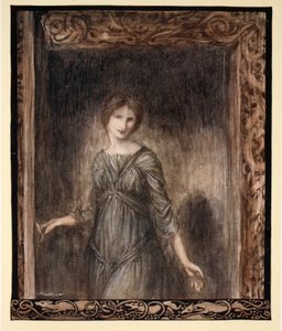 Die Tür von Fionns Kammer öffnete sich sanft und eine junge Frau trat in den Raum, Illustration aus 