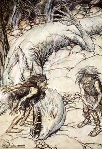 Die Zwerge streiten sich über den Körper von Fafner