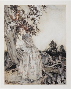 Das schöne Mädchen, das am ersten Mai bei Tagesanbruch auf die Felder geht von Arthur Rackham