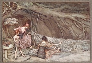 Die kleinen Leute weben ihre Sommergardinen aus Skelettblättern .., aus Peter Pan in Kensington Gardens von J. M. Barrie (1860 - 1937), veröffentlicht 1906 von Arthur Rackham