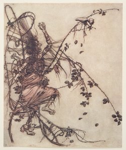Je schneller er spielte, desto höher musste sie springen, aus den Märchen der Brüder Grimm, veröffentlicht 1909 von Arthur Rackham