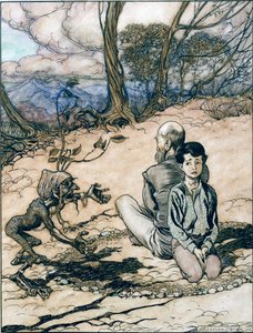 Der Sohn machte einen Kreis, und sein Vater und er nahmen Plätze darin ein, und der kleine schwarze Mann erschien, Illustration aus Der König vom goldenen Berg in Die Märchen der Brüder Grimm