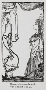 Die böse Königin schaut sich im Spiegel an aus Schneewittchen. von Arthur Rackham