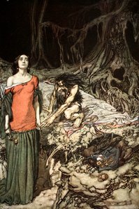 Das Werben um Grimhilde, die Mutter von Hagen von Arthur Rackham