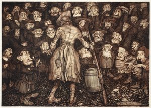 Sie starrten ihn mit einem so festen, statuenhaften Blick an, dass ihm das Herz in der Brust umdrehte und seine Knie zusammenstießen., aus Rip Van Winkle von Washington Irving, veröffentlicht 1910