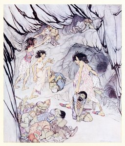 Diese ist fett, sagte Cullen, und sie rollte einen massigen Fenian wie ein Rad aus The Enchanted Cave of Cesh Corran in Irish Fairy Tales von Arthur Rackham