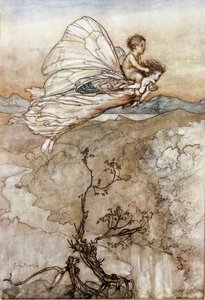 Titania, die Königin der Feen, fliegt mit ihrem Wechselbalg. Illustration von Arthur Rackham für Ein Sommernachtstraum von William Shakespeare von Arthur Rackham