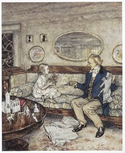 "Warum sehen meine Blumen heute so verblasst aus"? Farbige Illustration eines jungen Mädchens, Ida, die auf einem Sofa sitzt, mit einem jungen Mann, einem Studenten, der eine Schere hält. von Arthur Rackham