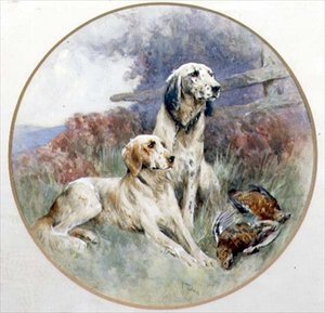 Ein Paar Setter bewachen ein Paar Moorhühner