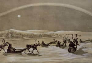 Eine außergewöhnliche Erscheinung der Nordlichter über einer Rentierherde eines Lappen, die den Jerdis Javri überquert, aus Winter Sketches in Lapland, graviert von James Duffield Harding (1798-1863) 1825 von Arthur de Capell Brooke