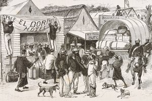 England (19. Jahrhundert). Kolonisation (1880). Das Leben der Goldgräber in Australien. Englische Kolonie Botany Bay (gegründet 1788), ursprünglich hauptsächlich von Kriminellen besiedelt, die zu Prospektoren und Händlern wurden. (Stich)