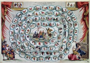 Gänsespiel "Nationales und informatives Spiel oder beispielhafte und unterhaltsame Lektionen von Heinrich IV. und Pater Gerard" (Druck) von Artist Unknown