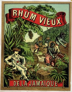 Jamaikanisches Rum-Etikett. Schwarze Arbeiter reduzieren Zuckerrohr, beobachtet von einem weißen Mann von Artist Unknown