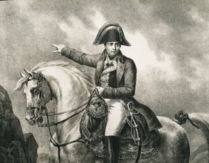 NAPOLEON I Bonaparte (1769-1821). Französischer Militär und Politiker, Kaiser von Frankreich (1804-1815). Detail eines Reiterporträts von Napoleon, inspiriert vom Originalporträt von Joseph Chabord. Gravur von Artist Unknown