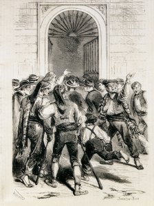Spanien (1873). Proklamation der Ersten Republik und Erstürmung des Rathauses von Barcelona (11. Februar 1873). Radierung. von Artist Unknown