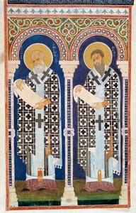 St. Gregor von Nyssa und St. Basilius der Große, Väter der griechisch-orthodoxen Kirche, Gravur, 4. Jahrhundert von Artist Unknown