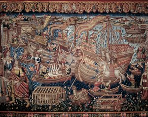 Der portugiesische Navigator Vasco da Gama (1459-1524) kam 1498 in Calicut in Indien an (Detail, Wandteppich) von Artist Unknown