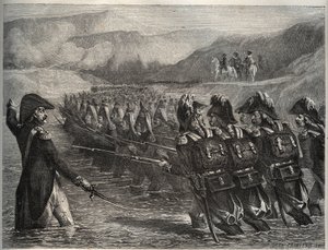 Der Krieg der Ersten Koalition - Übergang über den Tagliamento - Napoleon Bonaparte führt die französischen Truppen entlang des Tagliamento von Artist Unknown