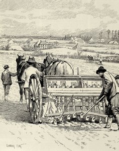 VEREINIGTES KÖNIGREICH. ENGLAND. Industrielle Revolution. Bohrmaschine erfunden von Jethro Tull. Gerste säen im Februar. Zeichnung von Gunning King, veröffentlicht in „The Illustrated London News“. Stich. von Artist Unknown