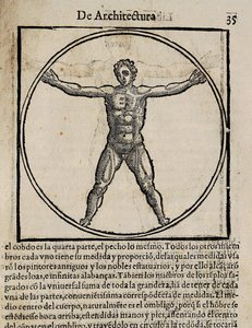 VITRUVIUS, Marcus Vitrubius Pollio (1. Jahrhundert v. Chr.). „De Architectura“ (Über Architektur), mit Übersetzung ins Spanische von Miguel de Urrea. Herausgegeben in Alcalá de Henares von Juan Gracián (1582). Illustration auf Seite 35 mit dem Kanon des me von Artist Unknown