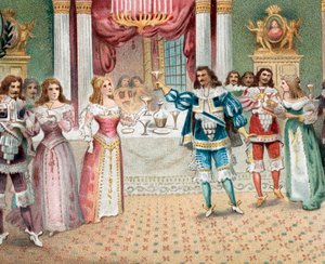 Violetta auf einer Party mit dem alten Beschützer Baron Douphol, Akt I Szene 2 aus der Oper La Traviata von Giuseppe Verdi von Artist Unknown