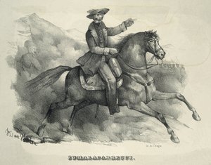 Tomas Zumalacarregui (1788-1835). Karlistischer General. Spanien. Erster Karlistenkrieg. Zumalacarregui reitet auf einem Pferd. (Stich) von Artist Unknown