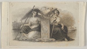 Banknoten-Vignette mit weiblichen Figuren, die Freiheit und Gerechtigkeit darstellen von Asher Brown Durand.