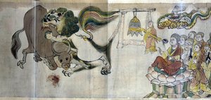 Der Triumph von Sariputra über die Ketzer. Der weise Sariputra beweist die Überlegenheit des Buddhismus, indem er durch ein Wunder einen Löwen zeigt: das Rehkitz verschlingt einen Stier, den ein ketzerischer Magier heraufbeschworen hat von Asian School