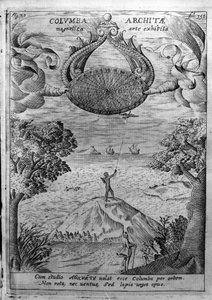 Archytas von Tarent (435-347 v. Chr.) fliegt eine hölzerne Taube. Gravur aus „Mundus Subterraneus“ von Athanasius Kircher (1601-1680), Jesuit, Orientalist und Gelehrter