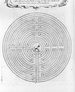 Das Labyrinth von Knossos, entworfen von Daedalus - In der Mitte ist der Minotaurus - „Turris Babel“ von Athanasius Kircher - Amsterdam