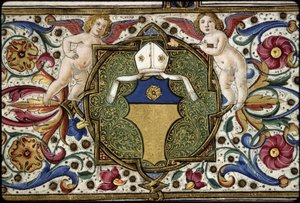 Missel de Thomas James: Detail der Waffen des Auftraggebers, „D
