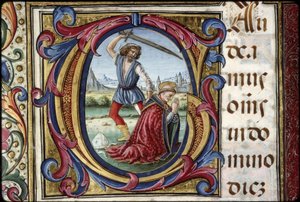 Missel de Thomas James: Detail einer Lettrine G: das Martyrium des heiligen Thomas Becket.