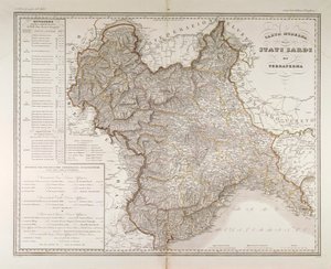 Sardinische Staaten auf dem Festland. Karte von Attilio Zuccagni-Orlandini, aus dem Geographischen Atlas der italienischen Staaten, Florenz, Kupferstich von Attilio Zuccagni Orlandini