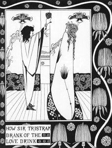 Artus-Sage: Tristan trinkt den Liebestrank Gravur in Die Geschichte von Tristan und seinen Abenteuern, die seine Liebesgeschichte mit Isolde umfasst von Sir Thomas Malory, Ausgabe illustriert von Aubrey Beardsley (1872-1898) 1893-1894 von Aubrey Beardsley