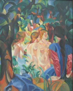 Badende Mädchen mit Stadt im Hintergrund von August Macke