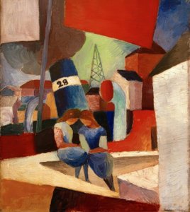Hafenbild mit Kindern auf der Mauer: Duisburger Hafen von August Macke