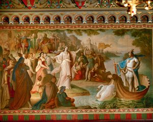 Die Ankunft von Lohengrin in Antwerpen, aus der Lohengrin-Saga, Salon, um 1882-83 von August von Heckel