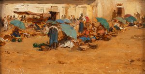 Ungarischer Markt mit blauen Schirmen