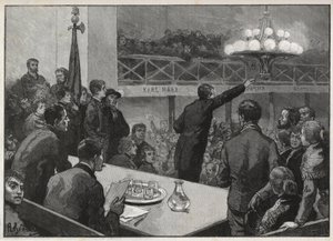 Versammlung für den Streik im Vooruit 1885 - Gravur in „Le monde illustré“ - Zeichnung von Gerardin von Auguste (after) Gerardin