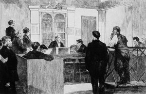 Bow Street Polizeigerichtshalle in London im Jahr 1884 (Stich)